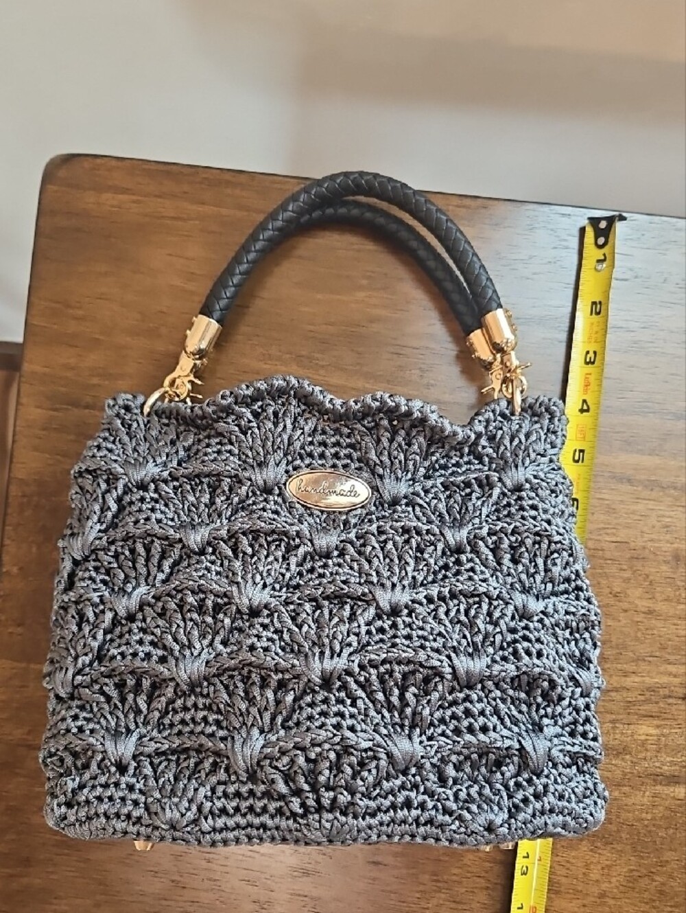 Hand Crocheted Gray Bag with Gold And Black Accents - Picture 4 of 4